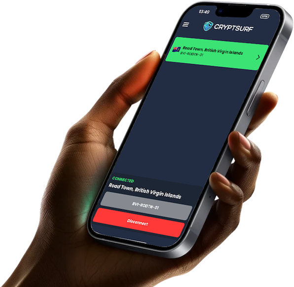 CryptSurf VPN app shown on a phone held in hand