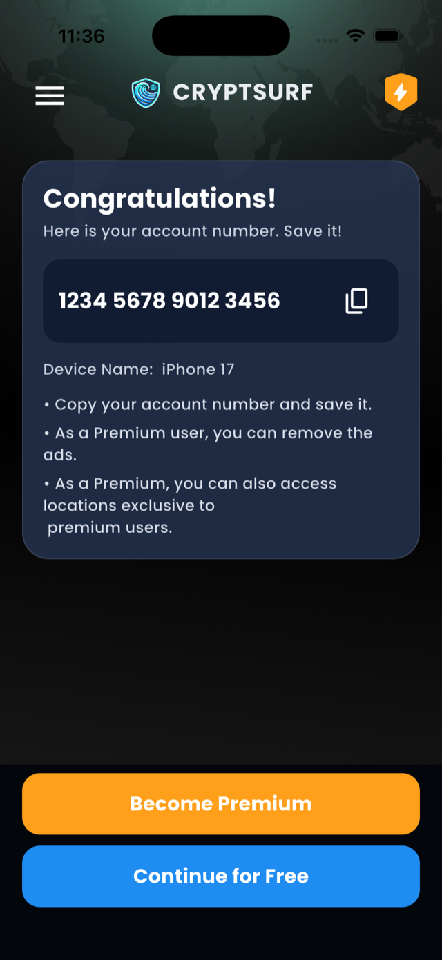 CryptSurf account created screen
